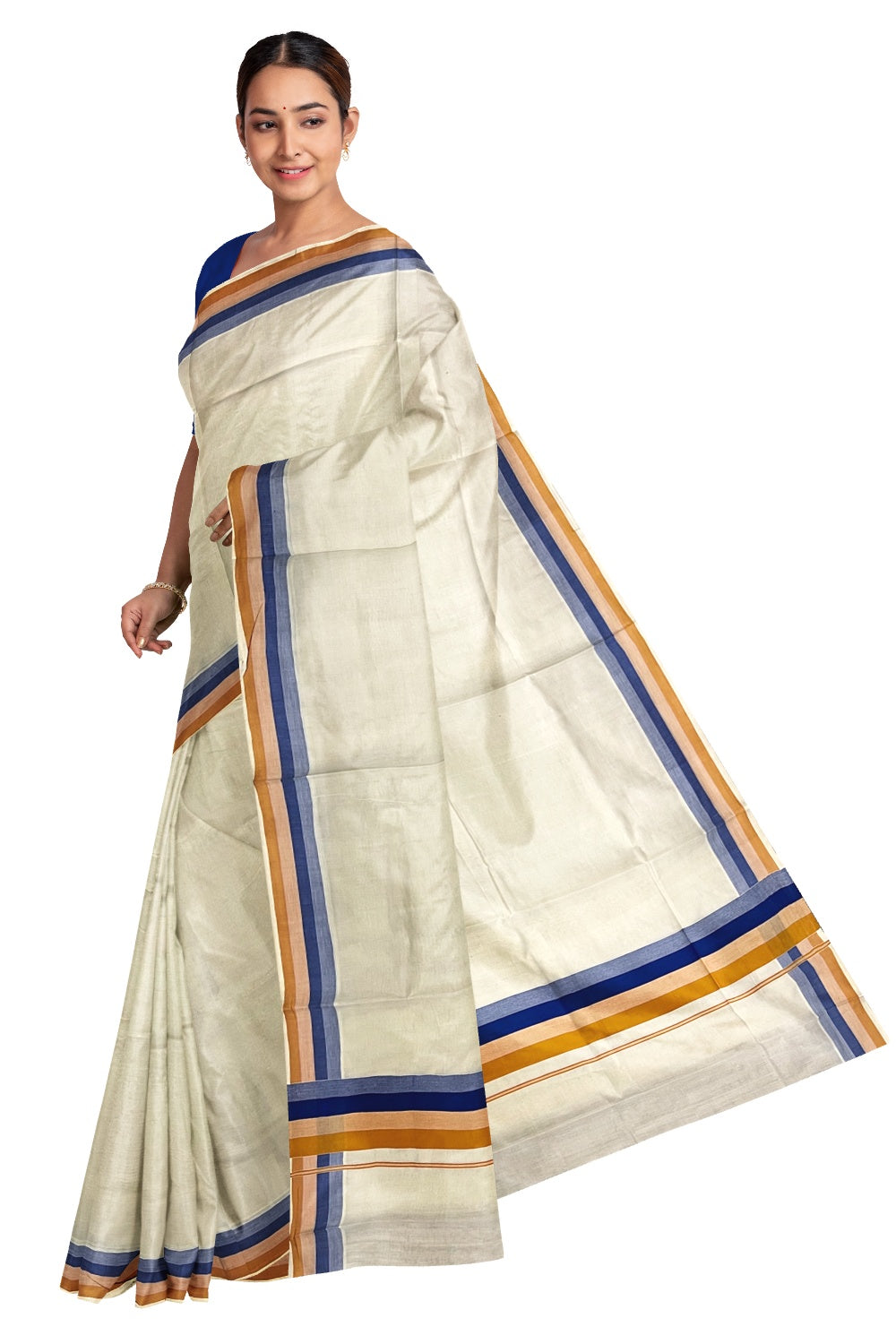 Kerala Cotton Saree with Blue and Orange Lines Border Design