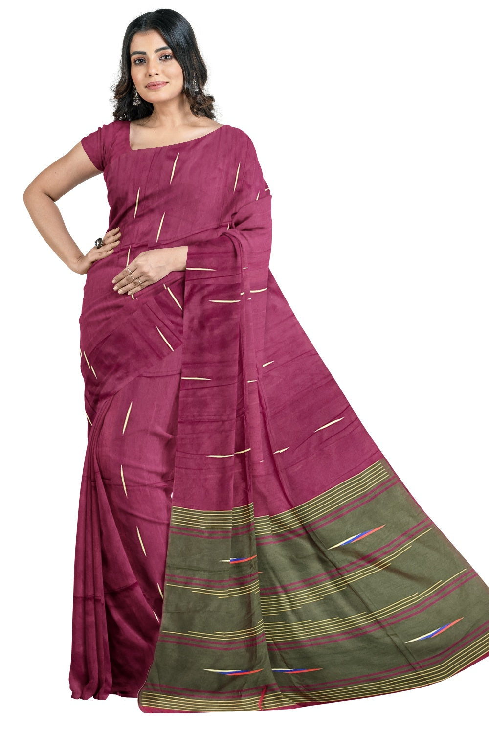 Southloom Tussar Thread Work Magenta Designer Saree with Dark Green Pallu