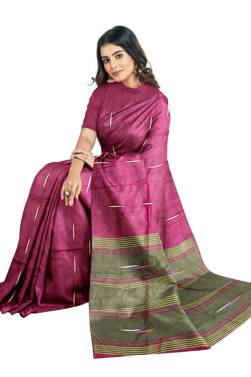 Southloom Tussar Thread Work Magenta Designer Saree with Dark Green Pallu