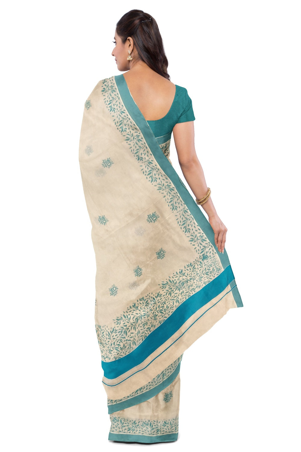 Southloom Turquoise  Border Kerala Saree with Malayalam Themed Prints (by Govt of Kerala)