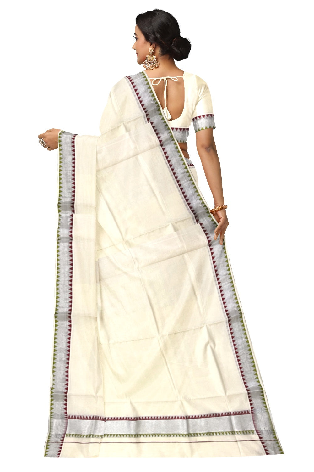 Pure Cotton Kerala Saree with Silver Kasavu and Green Maroon Woven Temple Border