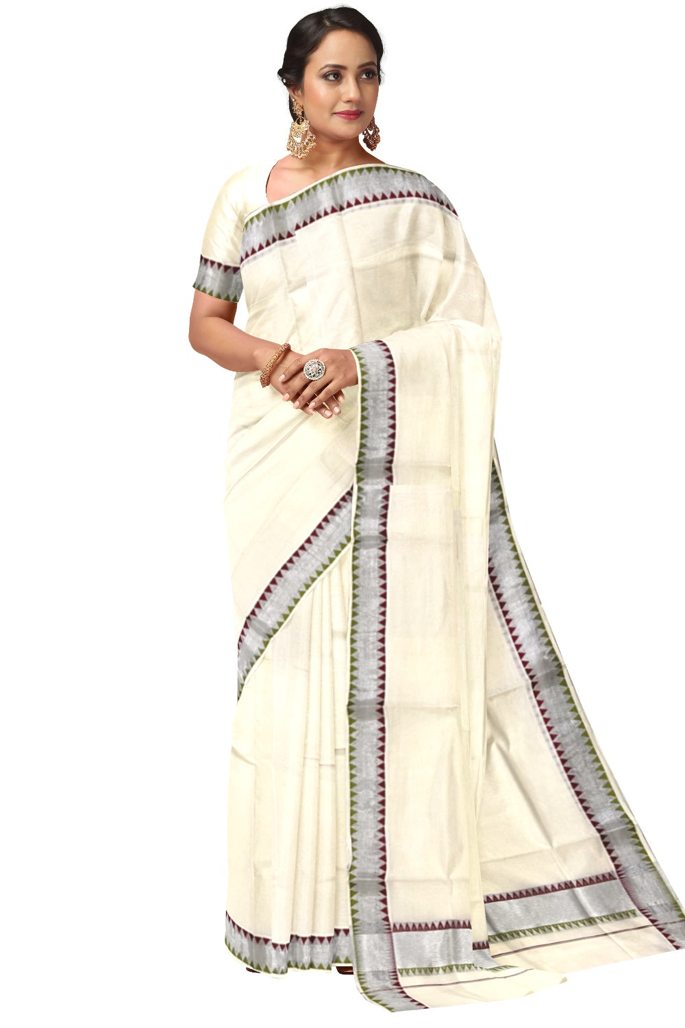 Pure Cotton Kerala Saree with Silver Kasavu and Green Maroon Woven Temple Border