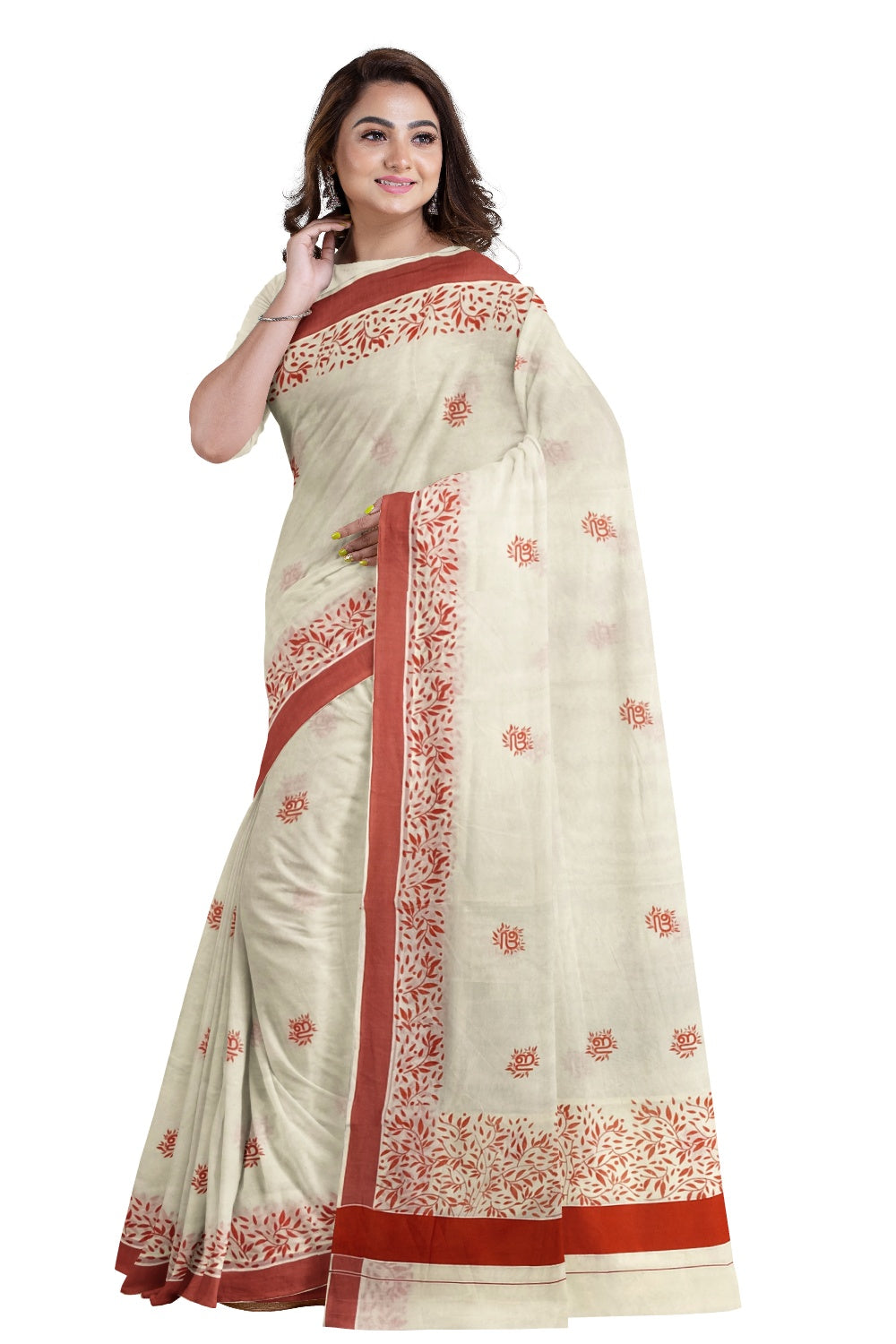 Southloom Red Border Kerala Saree with Malayalam Themed Prints (by Govt of Kerala)