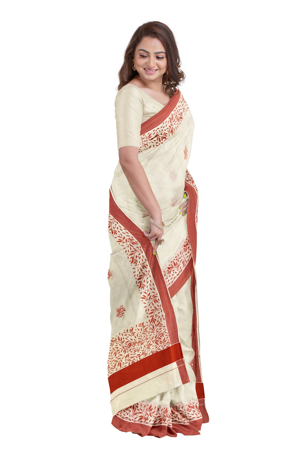 Southloom Red Border Kerala Saree with Malayalam Themed Prints (by Govt of Kerala)