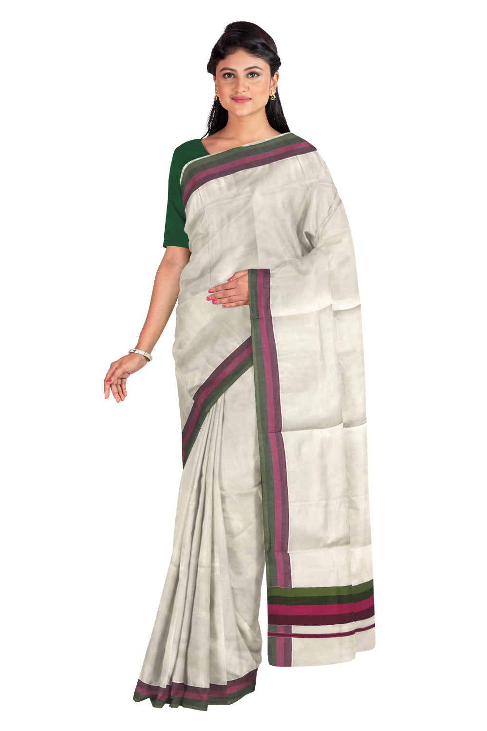 Kerala Cotton Saree with Magenta and Green Lines Border Design