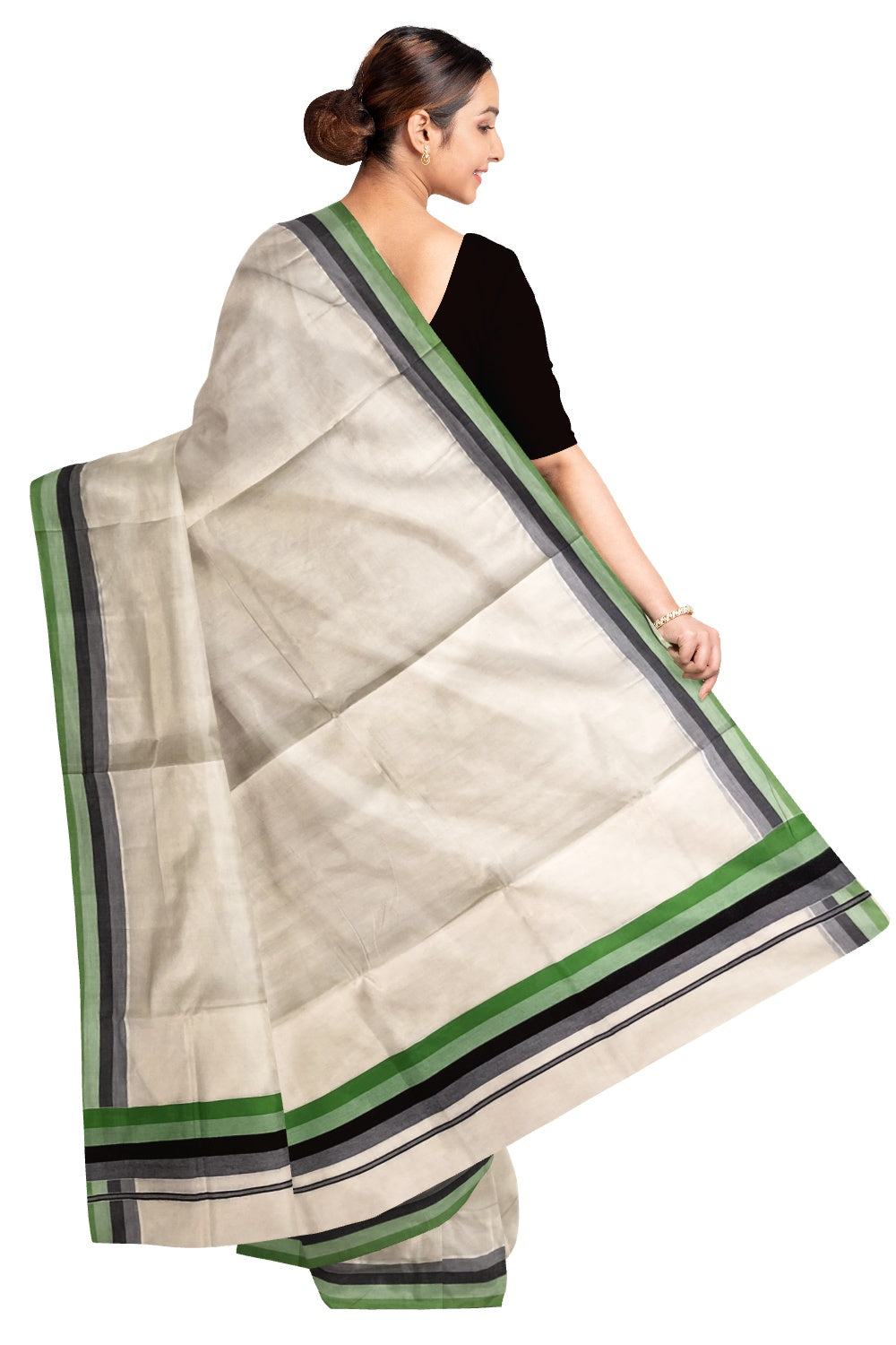 Kerala Cotton Saree with Green and Black Lines Border Design