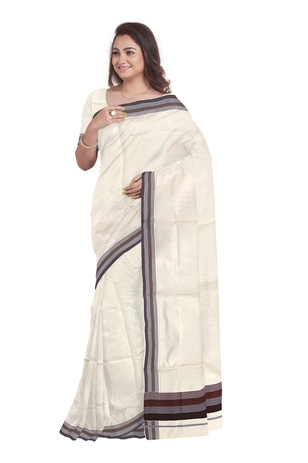 Pure Cotton Off White Kerala Saree with Dark Brown Lines Border Design