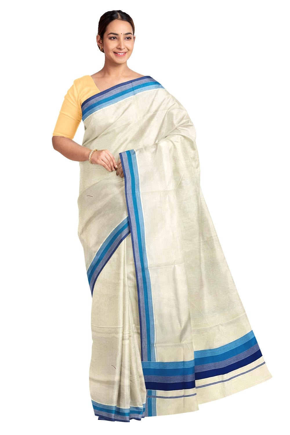 Pure Cotton Off White Kerala Saree with Blue Lines Border Design