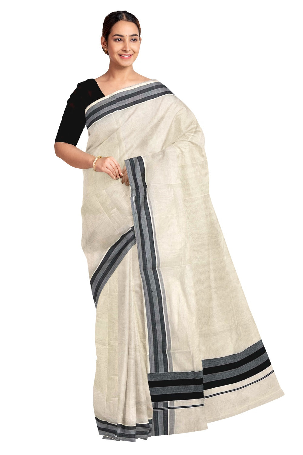 Pure Cotton Off White Kerala Saree with Black Lines Border Design