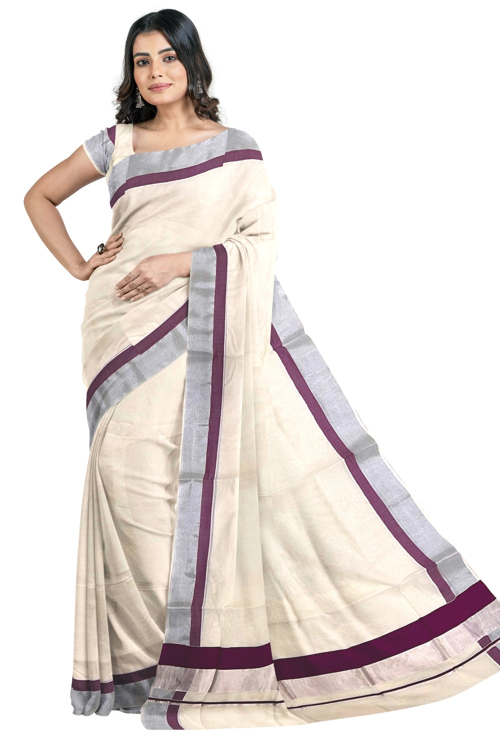Pure Cotton Off White Kerala Saree with Silver Kasavu and Purple Border