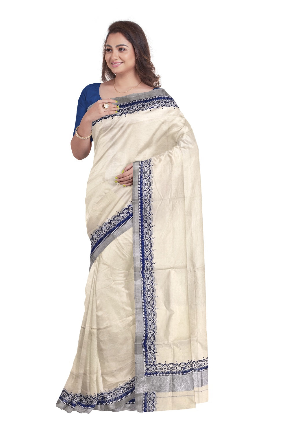 Pure Cotton Off White Kerala Silver Kasavu Saree with Blue Block Print along Borders