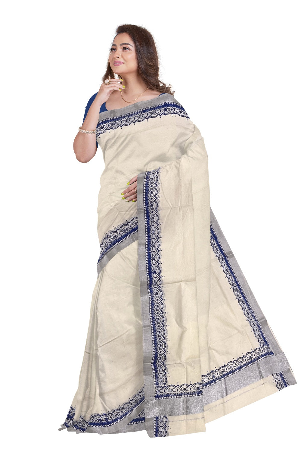 Pure Cotton Off White Kerala Silver Kasavu Saree with Blue Block Print along Borders