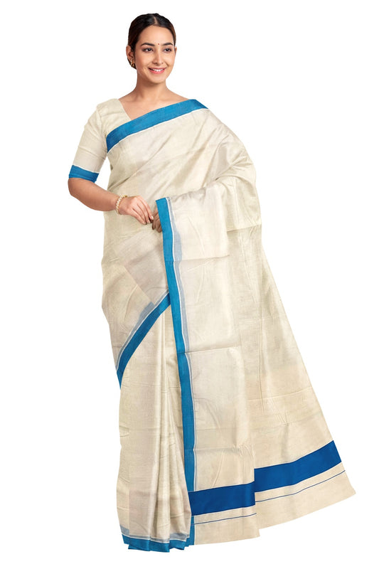Pure Cotton Off White Kerala Saree with Blue Border