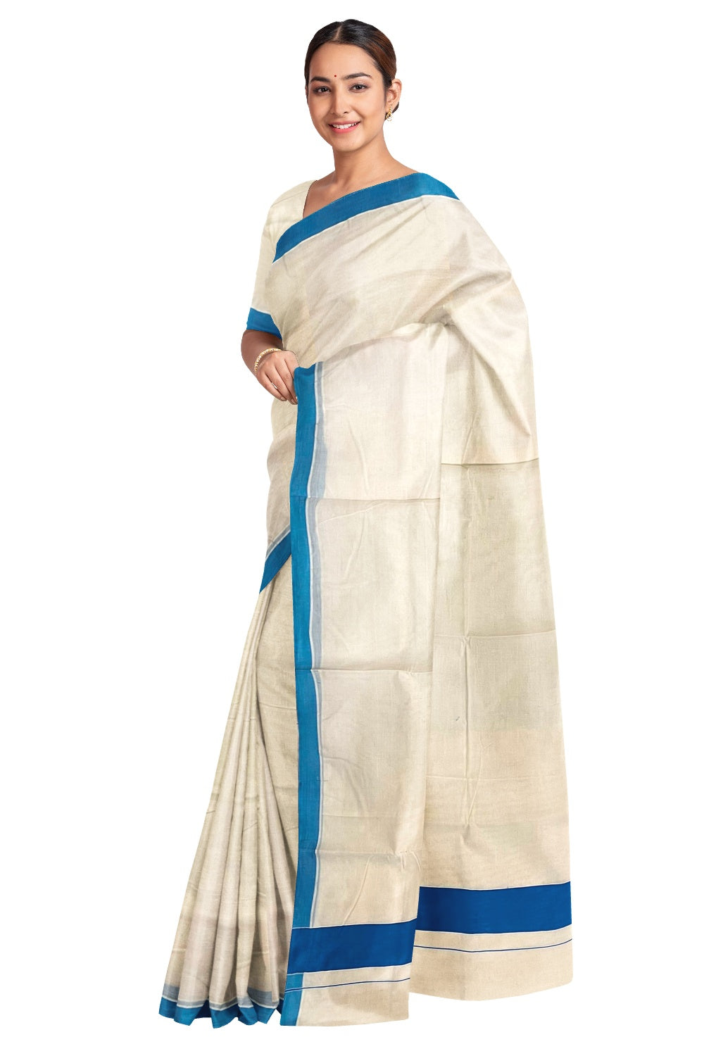 Pure Cotton Off White Kerala Saree with Blue Border