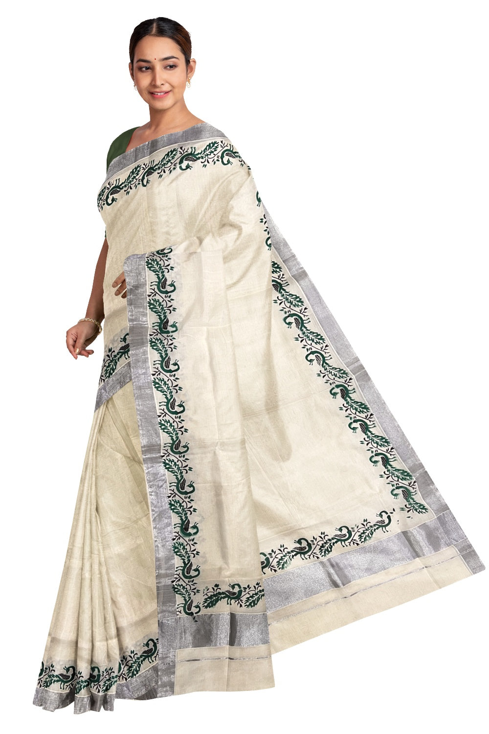 Pure Cotton Off White Kerala Silver Kasavu Saree with Peacock Green Block Printed Border