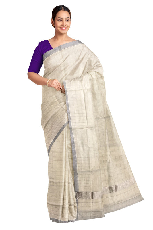 Pure Cotton Off White Kerala SIlver Kasavu Woven Check Saree
