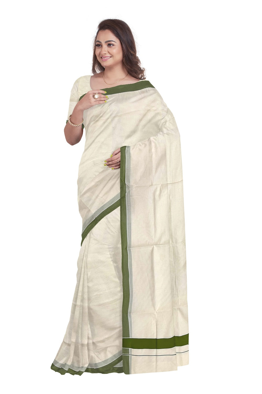 Pure Cotton Off White Kerala Saree with Pale Green 2 inch Border