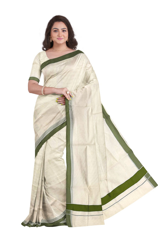 Pure Cotton Off White Kerala Saree with Pale Green 2 inch Border