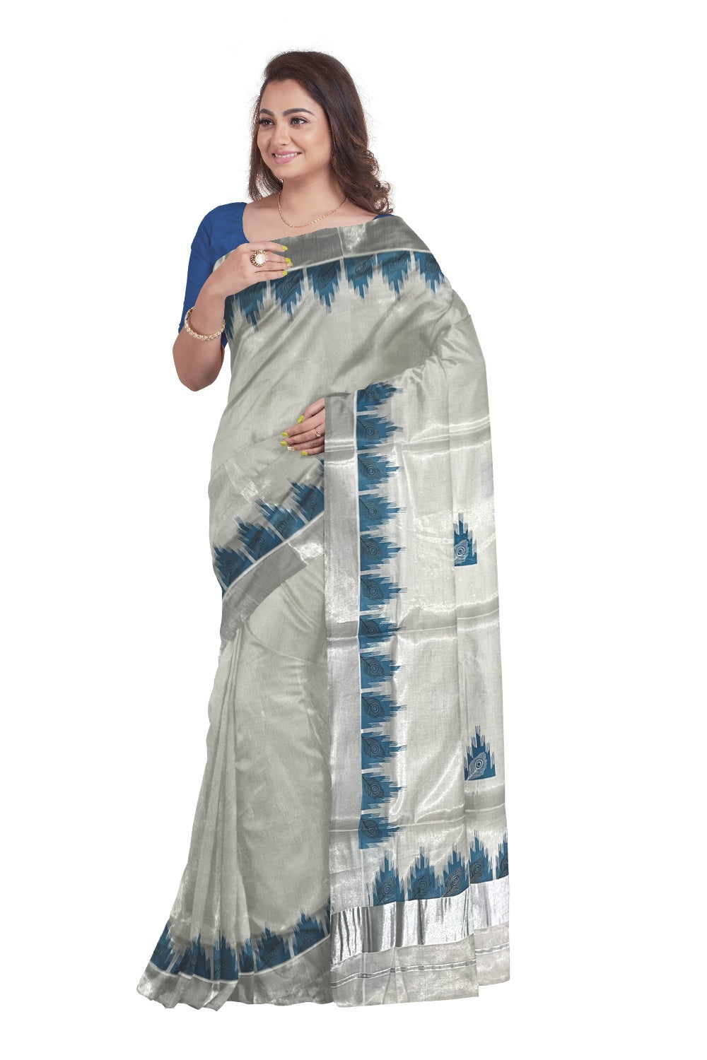 Kerala Silver Tissue Saree with Peacock Feather Mural along with Blue Temple Print