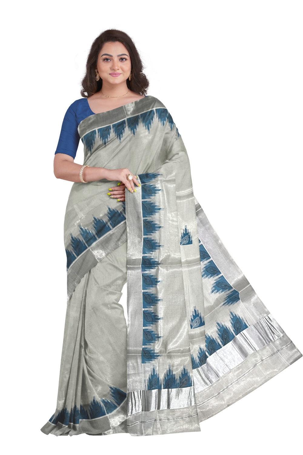 Kerala Silver Tissue Saree with Peacock Feather Mural along with Blue Temple Print