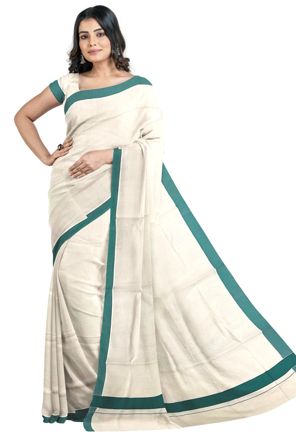 Pure Cotton Off White Kerala Saree with Teal Blue Border