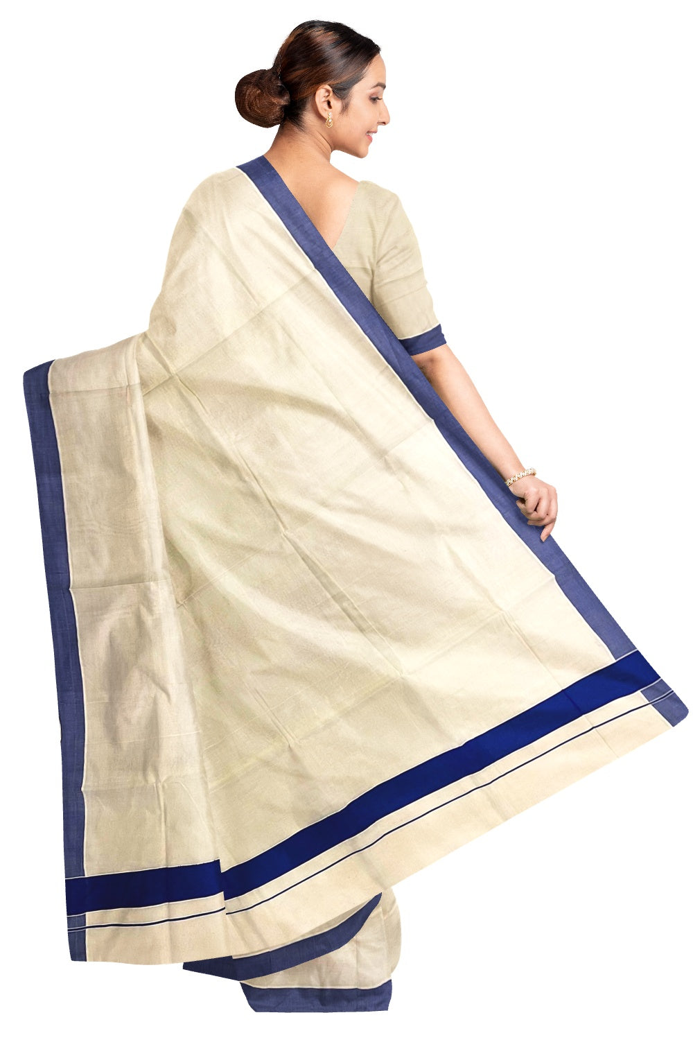 Pure Cotton Off White Kerala Saree with Dark Blue 2 inch Border