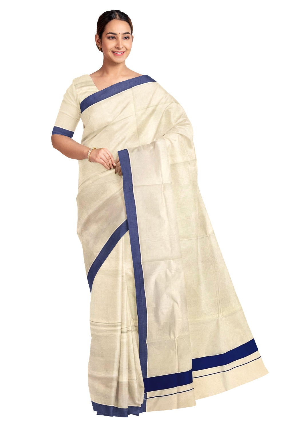 Pure Cotton Off White Kerala Saree with Dark Blue 2 inch Border