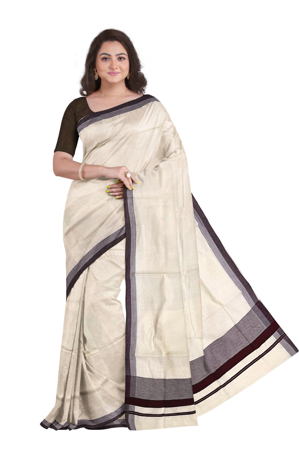 Pure Cotton Off White Kerala Saree with Brown Shaded Border