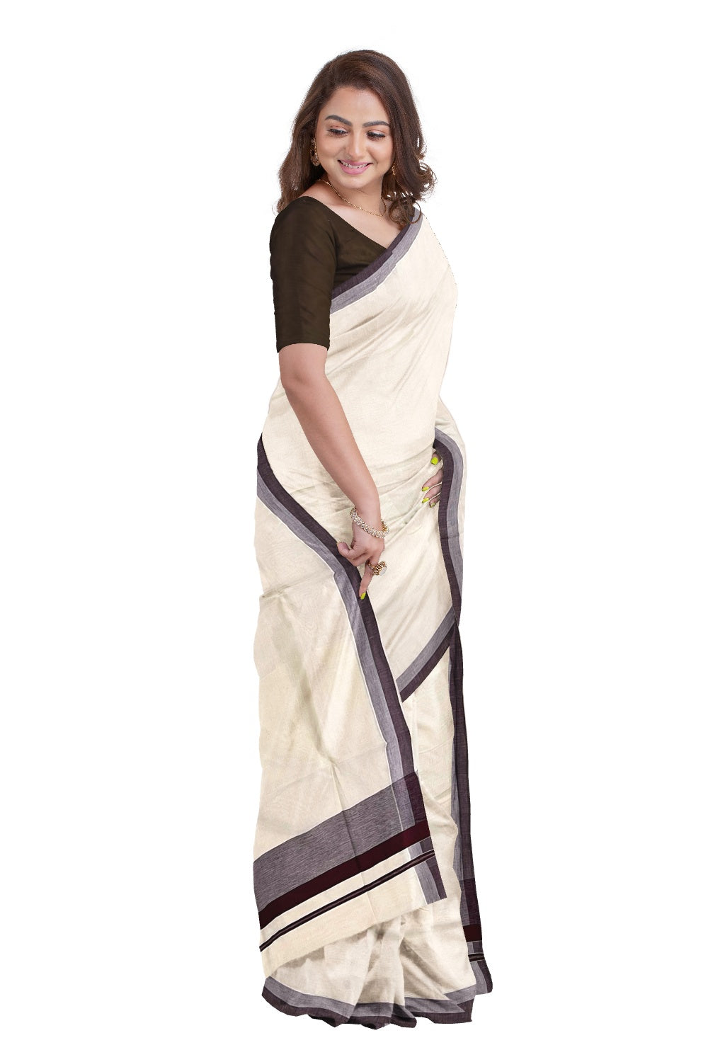 Pure Cotton Off White Kerala Saree with Brown Shaded Border