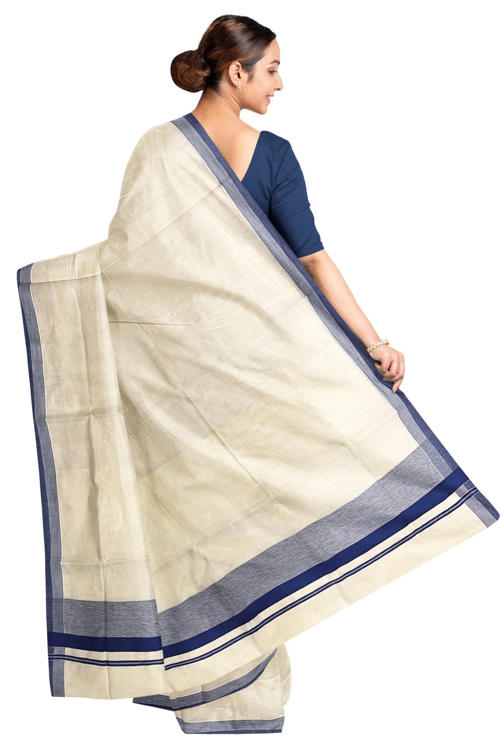 Pure Cotton Off White Kerala Saree with Blue Shaded Border