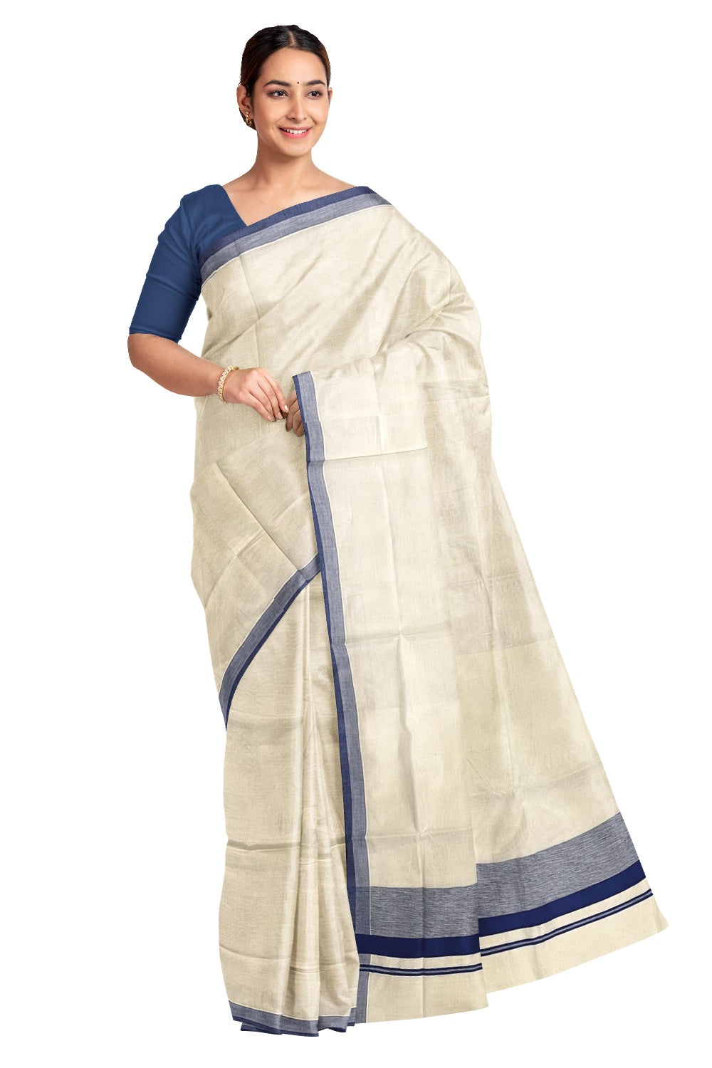 Pure Cotton Off White Kerala Saree with Blue Shaded Border