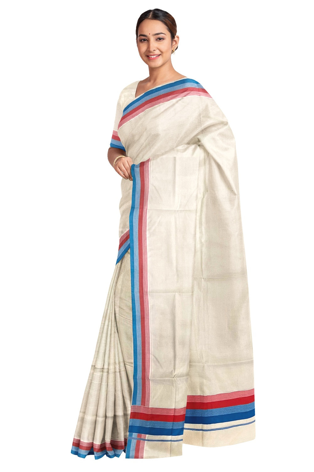 Pure Cotton Off White Kerala Saree with Red and Blue Lines Border Design