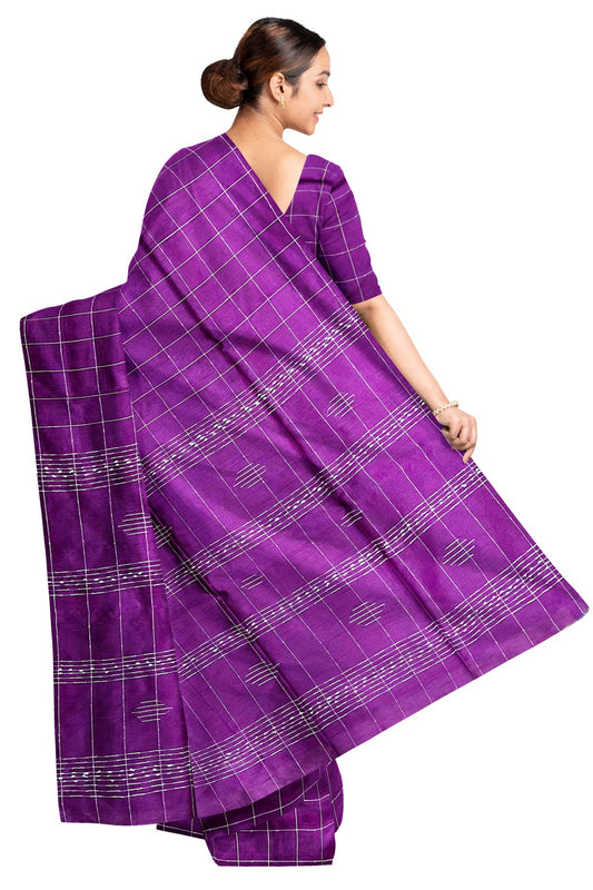 Southloom Dark Magenta Semi Tussar Checkered Designer Saree with Tassels on Pallu