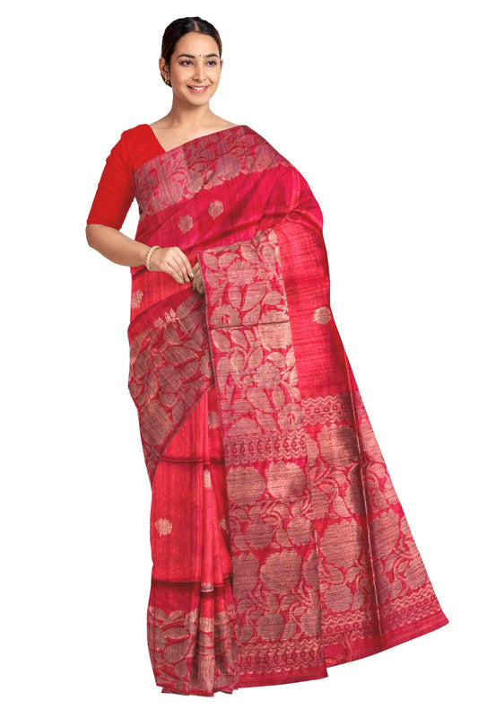 Southloom Red Semi Tussar Floral Dots Saree with Designer Pallu