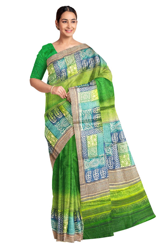 Southloom Handloom Pure Tussar Green Printed Designer Saree