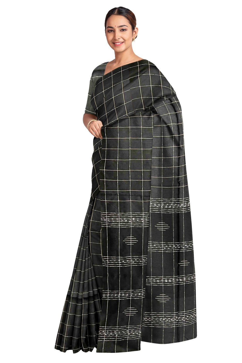 Southloom Black Semi Tussar Checkered Designer Saree with Tassels on Pallu