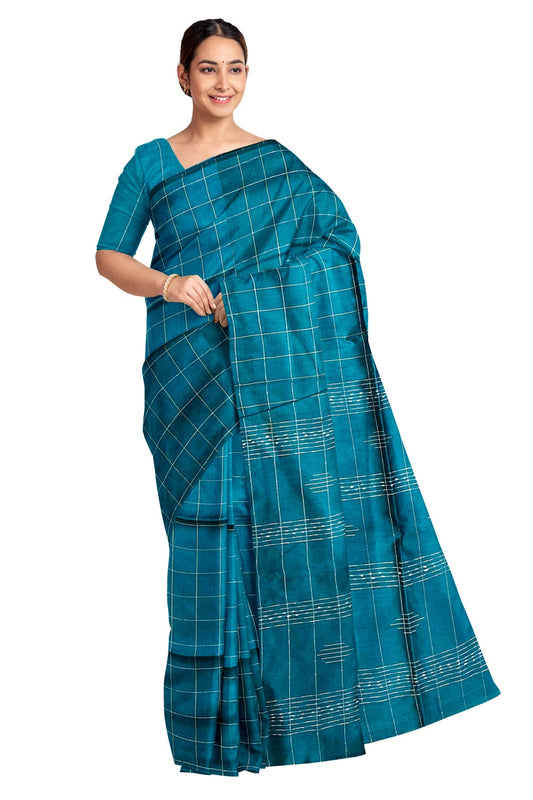 Southloom Teal Green Semi Tussar Checkered Designer Saree with Tassels on Pallu