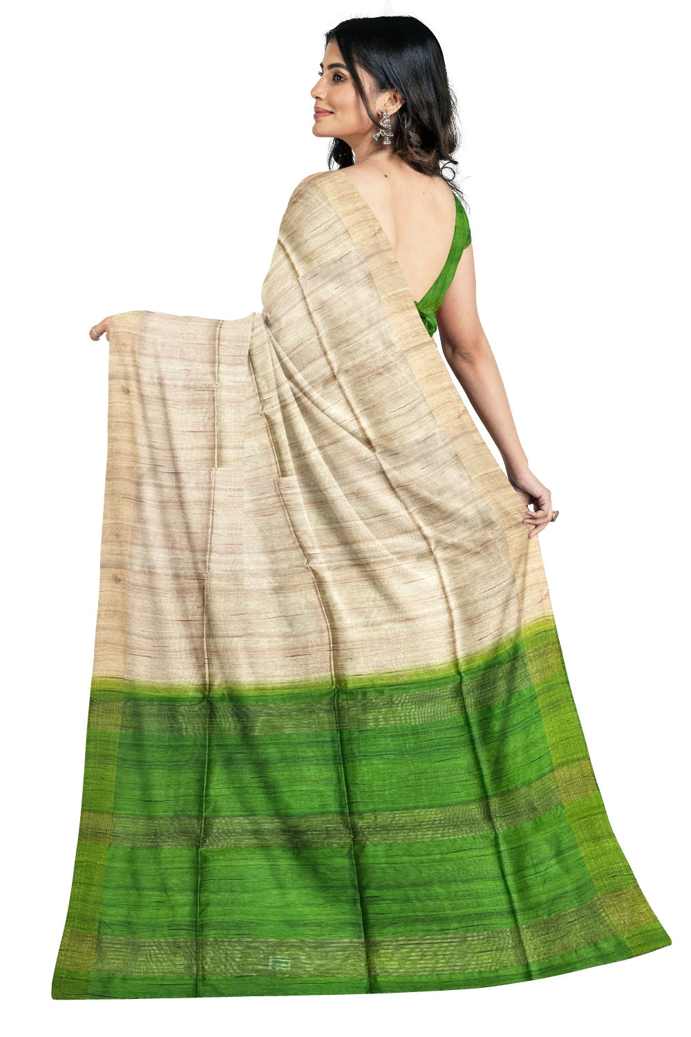 Southloom Beige Semi Tussar Designer Saree with Green Pallu