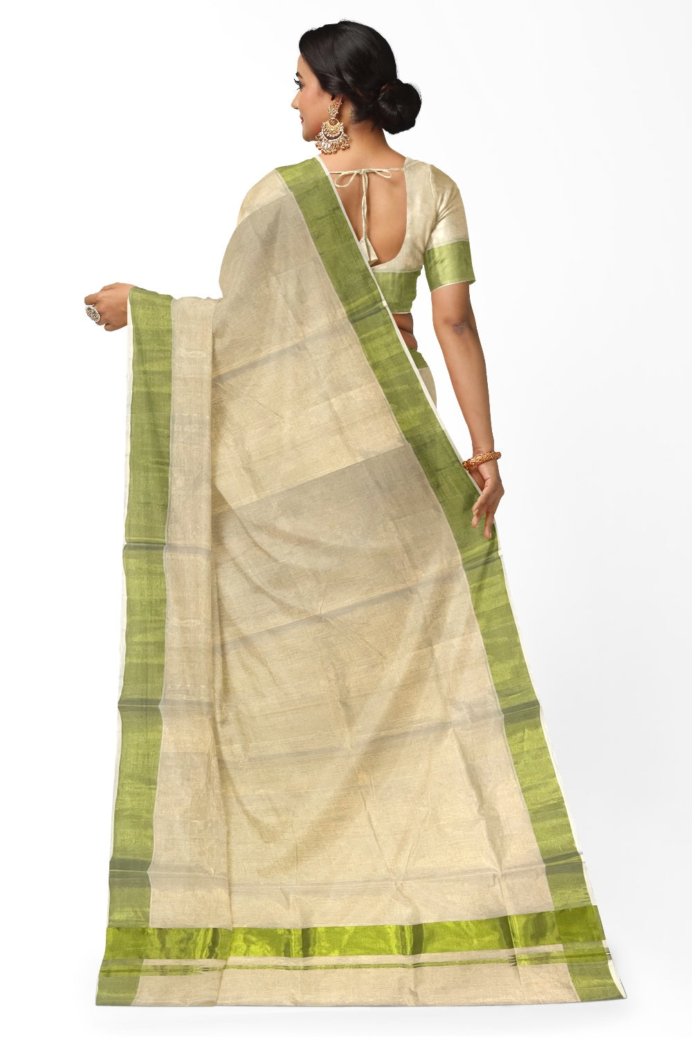 Southloom Exclusive Premium Handloom Tissue Saree with Light Green Kasavu Borders and Kara