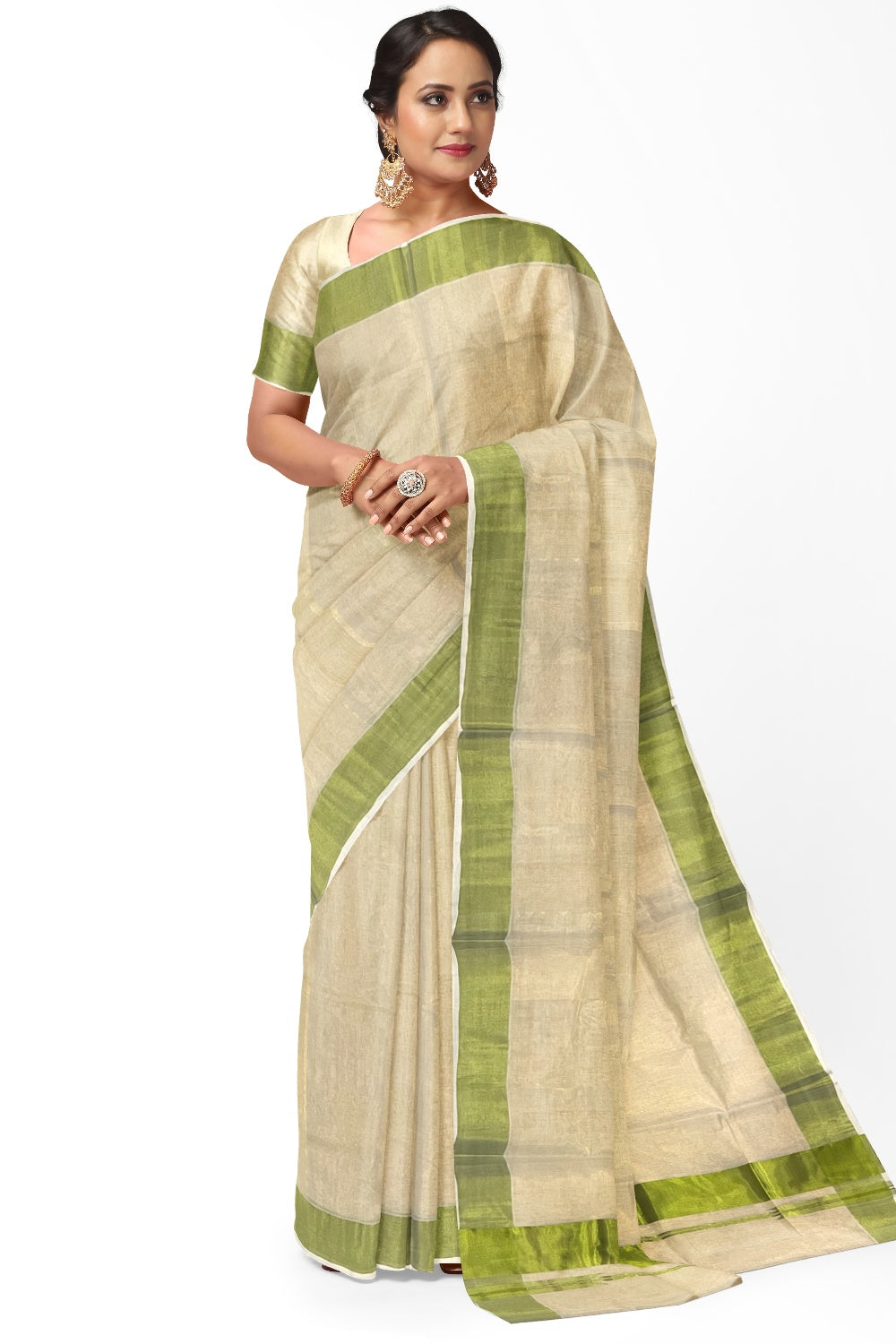 Southloom Exclusive Premium Handloom Tissue Saree with Light Green Kasavu Borders and Kara