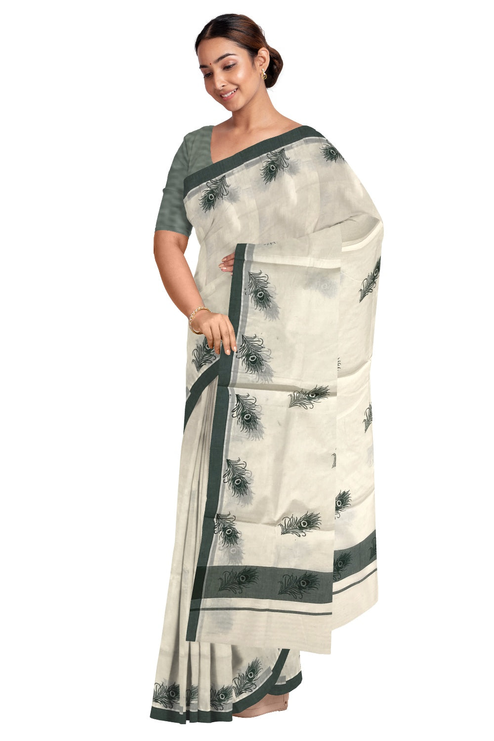 Pure Cotton Kerala Saree with Dark Green Peacock Feather Block Print
