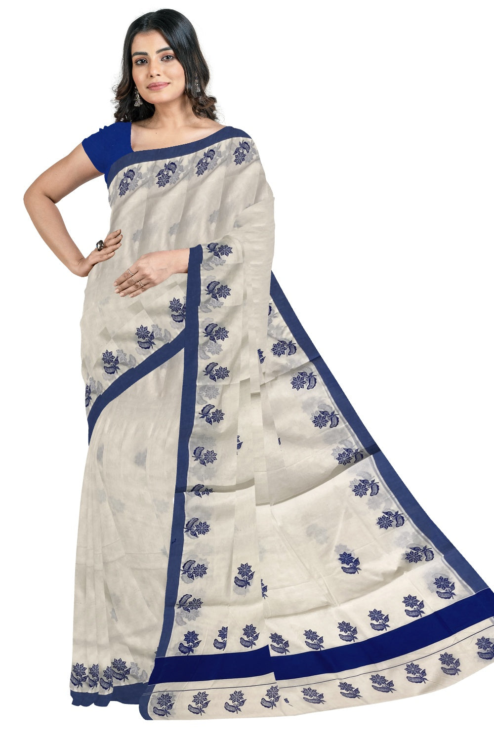 Pure Cotton Kerala Saree with Blue Floral Block Print Design