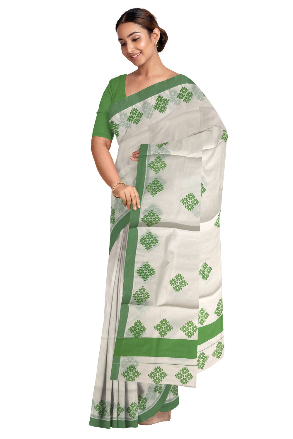 Pure Cotton Kerala Saree with Green Block Print Design