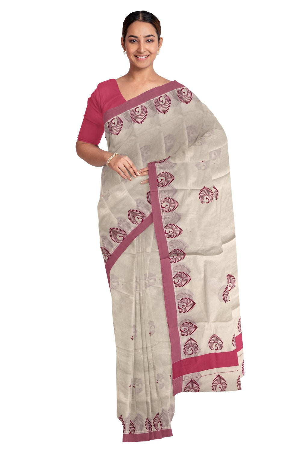 Pure Cotton Kerala Saree with Pink Peacock Block Print