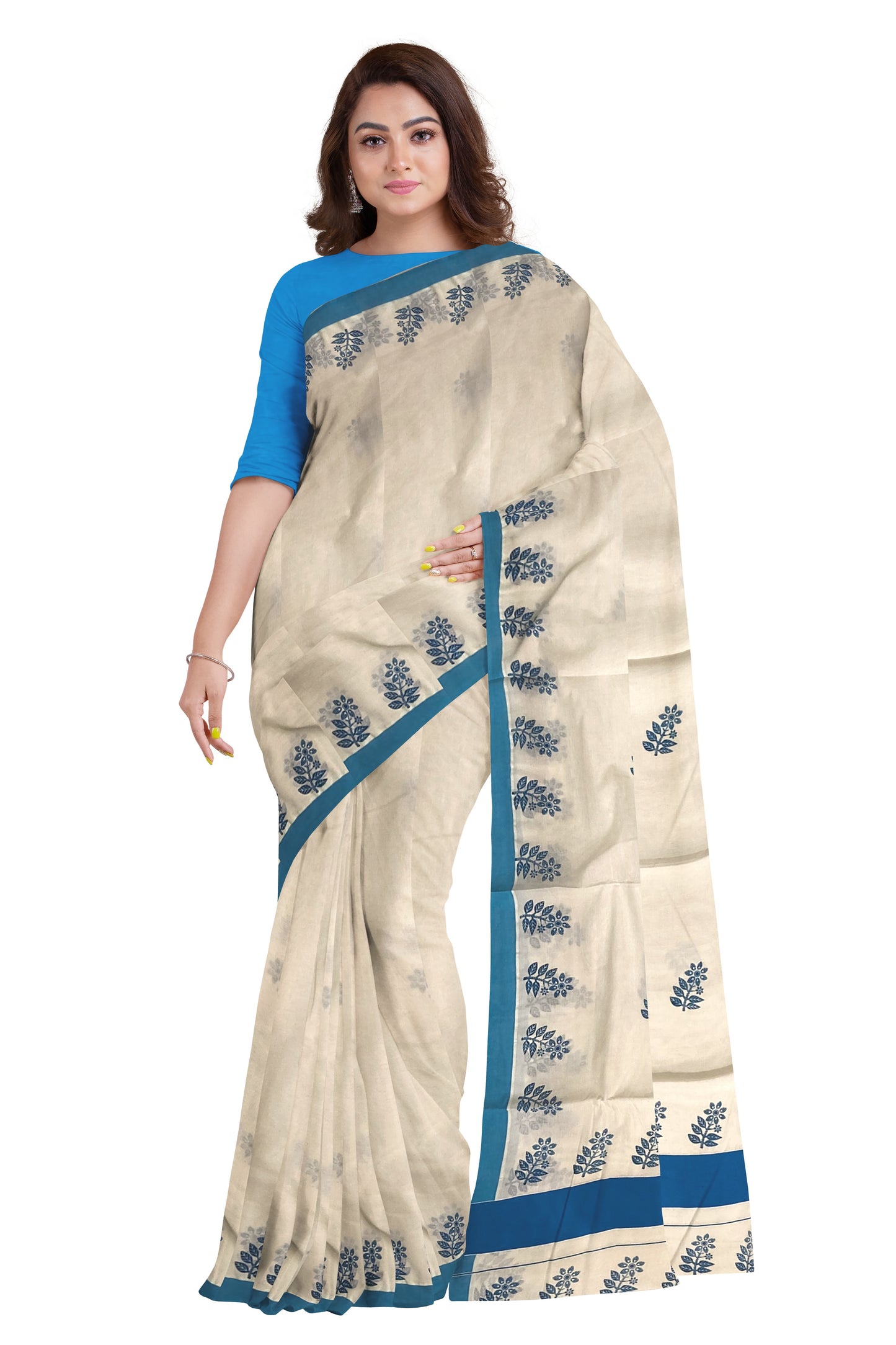 Pure Cotton Kerala Saree with Blue Floral Block Print