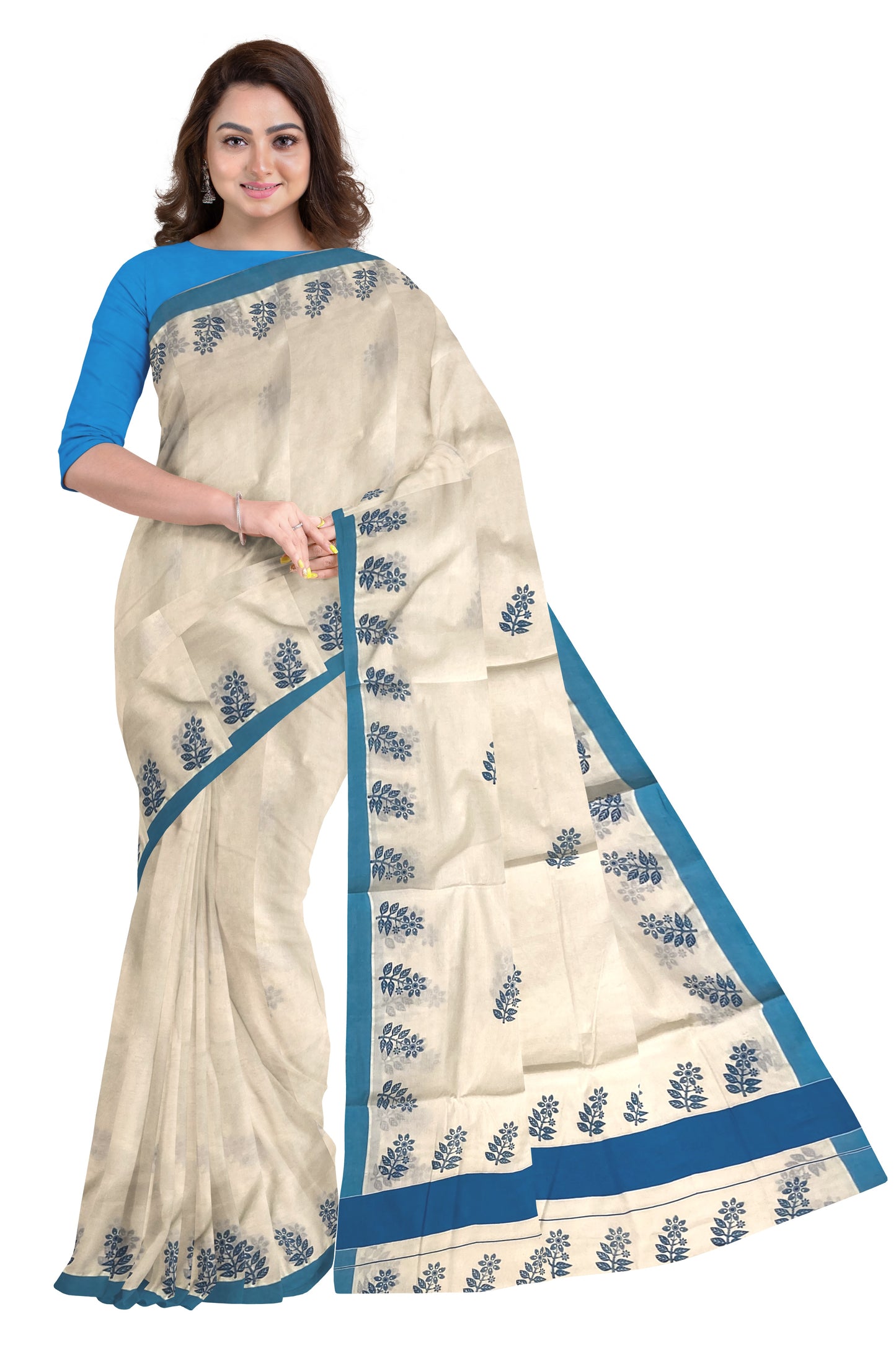 Pure Cotton Kerala Saree with Blue Floral Block Print