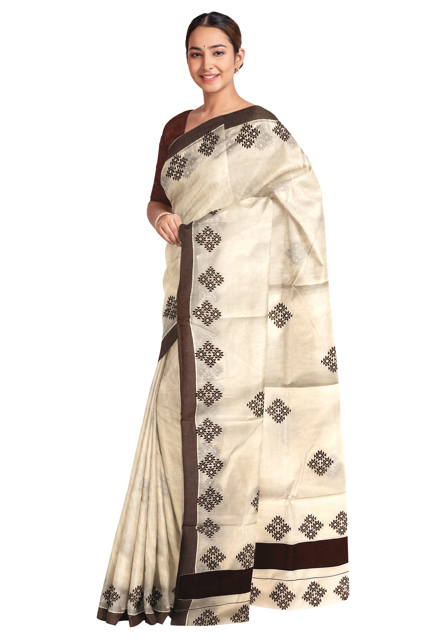 Pure Cotton Kerala Saree with Dark Brown Block Print Design
