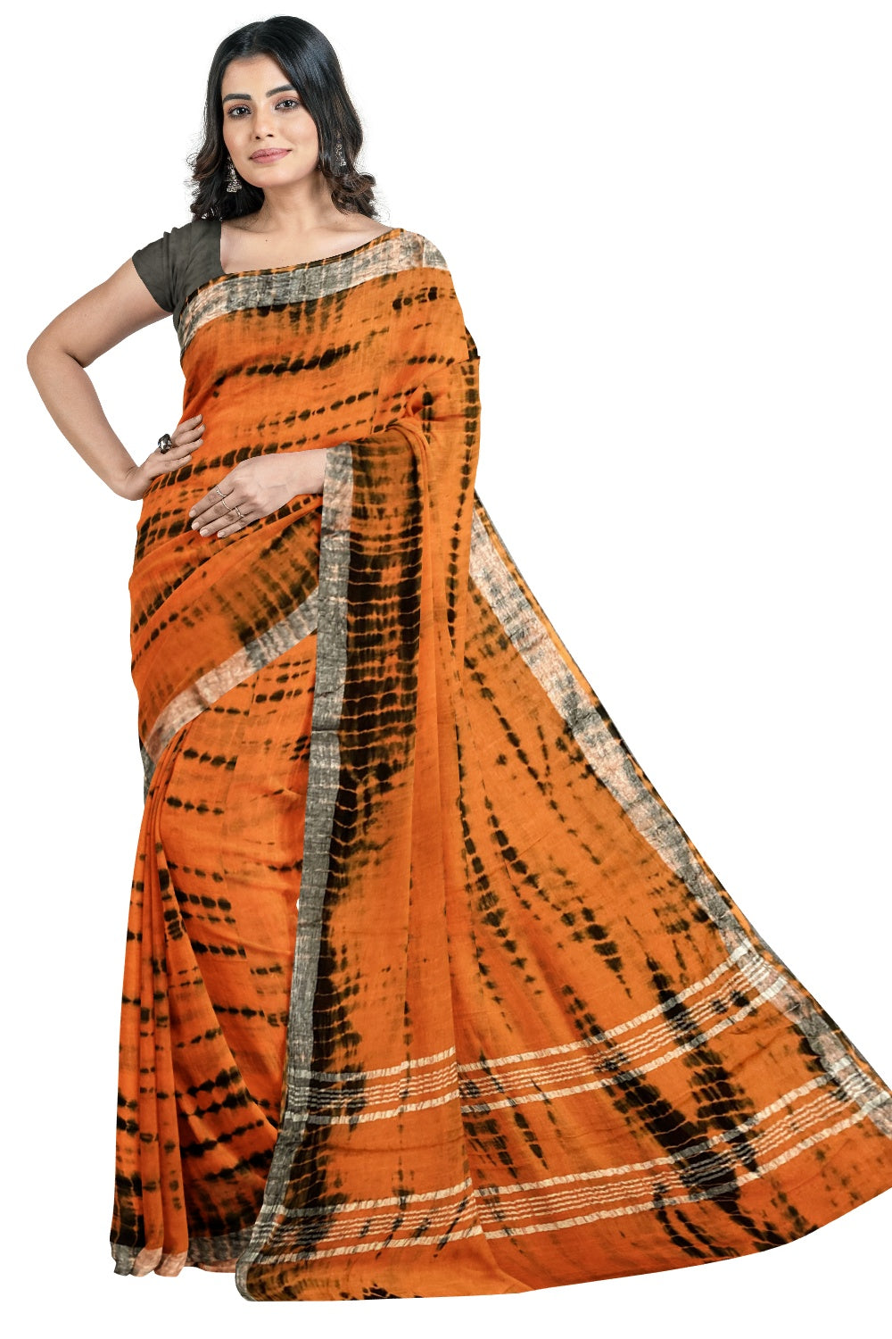 Southloom Linen Orange and Black Designer Saree