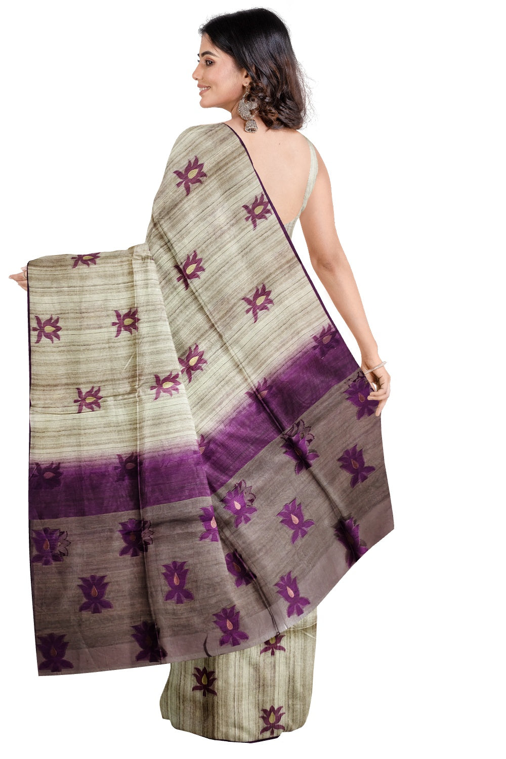 Southloom Semi Tussar Beige Designer Saree with Purple Organza Design Pallu