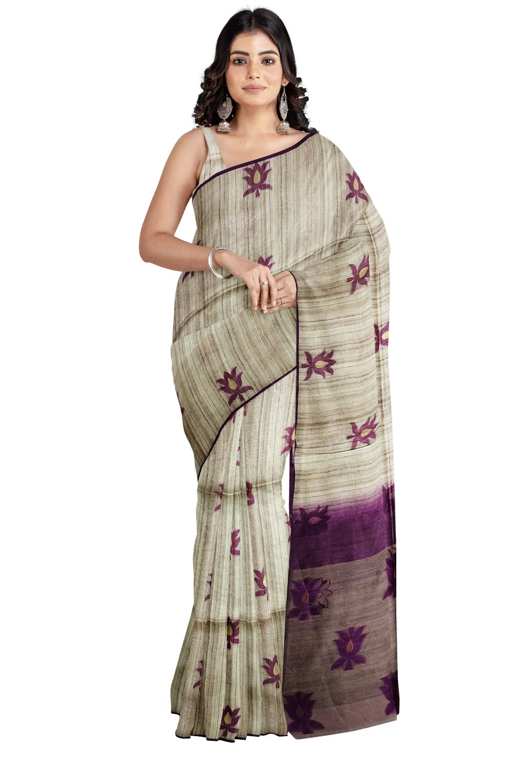 Southloom Semi Tussar Beige Designer Saree with Purple Organza Design Pallu